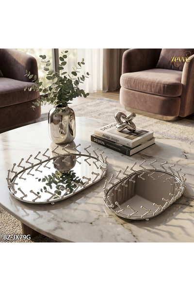 Hinora Metal Yön Desen Aynalı Oval Dekoratif Orta Masa 2Li Tepsi Seti 26x36cm...