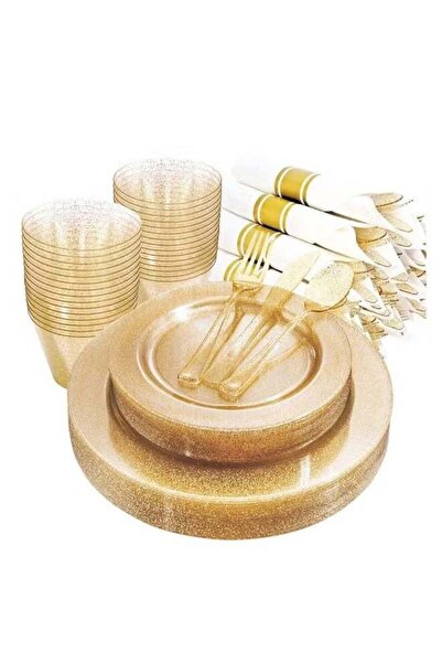 lanthour 175 Piece Gold Glitter Plastic Dinnerware Set for 25 Guests, Fancy D...