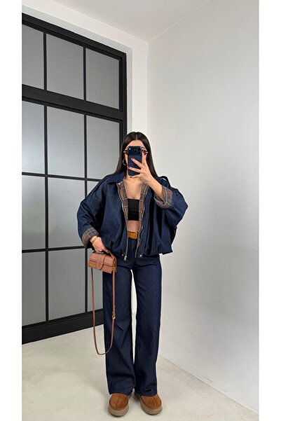 Gaus Lacivert Ekoseli Astarlı Bomber Ceket Beli Lastikli Pantolon Denim Takım...