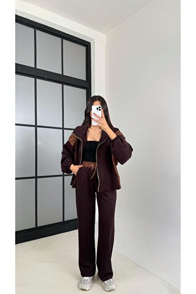 Gaus Kahve Paraşüt Kumaş Detaylı Hırka Pantolon İkili Modal Kumaş Takım GAUS-...