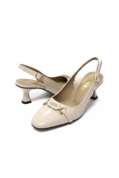 McDark Women's Beige Patent Leather Thin Heeled Shoes