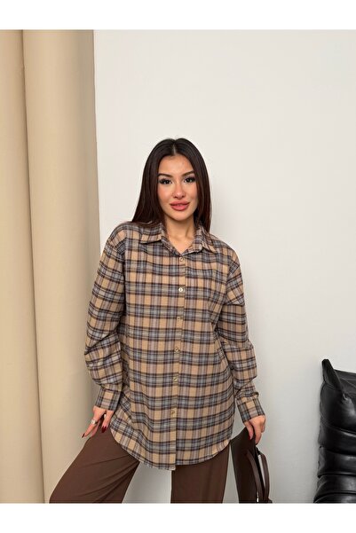 Hatun Atila Women's Plaid Patterned Oversized Shirt 8968 - Mink-Grey