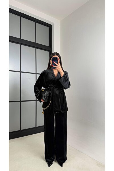 Gaus Siyah Kuşaklı Kimono Beli Lastikli Pantolon İkili Kadife Takım GAUS-01015