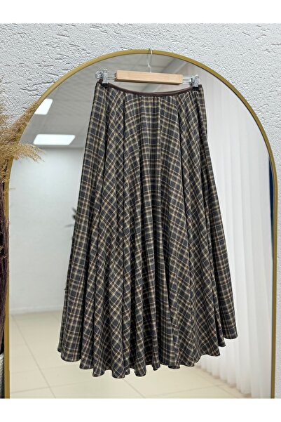 MİHRA STORE Selvi Elastic Waist Flared Plaid Skirt-Fa1041 Beige