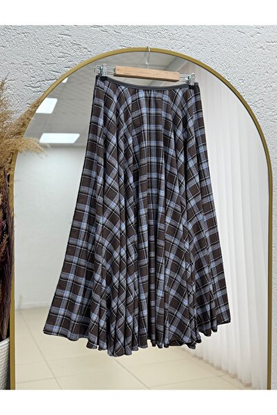 MİHRA STORE Selvi Elastic Waist Flared Plaid Skirt-Fa1041 Brown-Blue