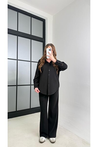 Gaus Siyah Gömlek Beli Lastikli Pantolon MD Muadil Selanik Kumaş Takım GAUS-0...