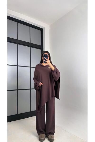 Gaus Acı Kahve Gold Tokalı Pelerin Bluz Beli Lastikli Pantolon Modal Kumaş Ta...