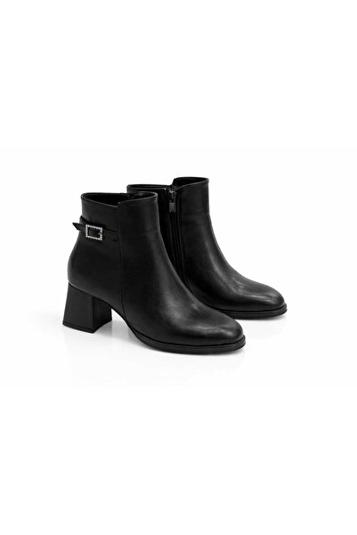 NiceDiffer Women's Black Zippered Thick Heeled Boots