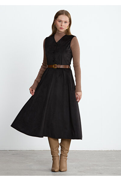 LADYA COLLECTION Siyah Fitilli Kadife Elbise