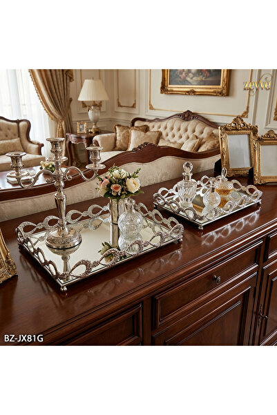 Hinora Metal Hasır Desen Aynalı 2Li Dikdörtgen Tepsi Seti Dekor Orta Masa Tep...