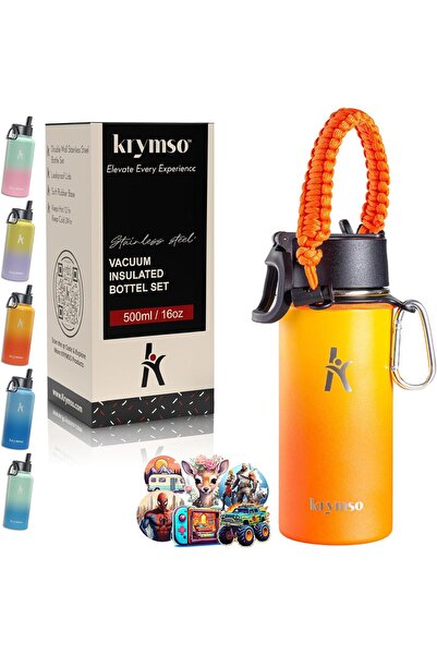 Krymso 500ml Stainless Steel Water Bottle with Ai Stickers for Kids with Straw