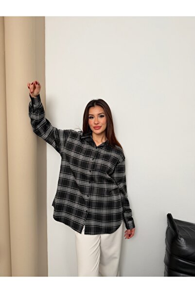 Hatun Atila Women's Plaid Patterned Oversized Shirt 8968 - Black-Grey