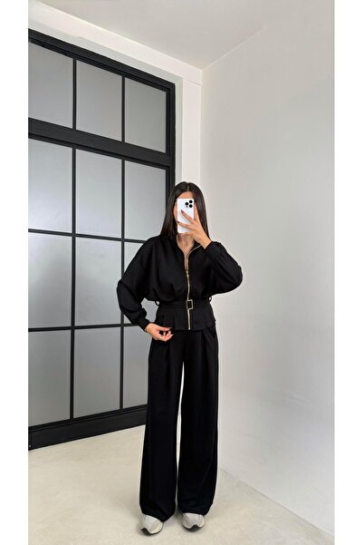 Gaus Siyah Kemer Detaylı Hırka Beli Lastikli Geniş Paça Pantolon Modal Takım ...