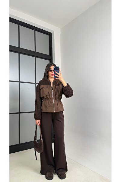 Gaus Kahve Beli Lastikli Ceket Pantolon Paraşüt Örgü Detaylı Modal Takım GAUS...