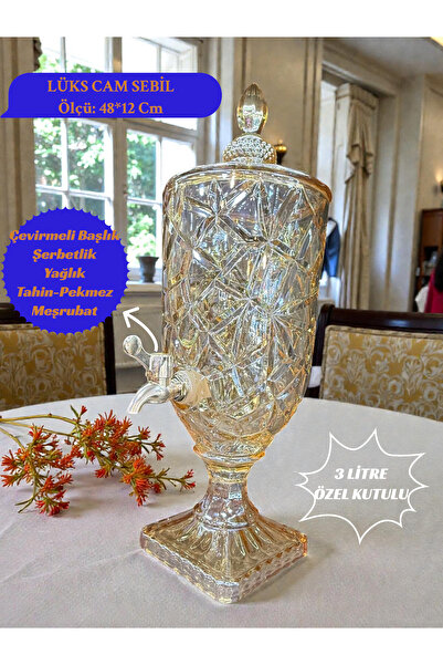 İnterlife Musluklu Ayaklı Cam Şerbetlik – Cam Kapaklı Kesme Desenli İçecek Se...