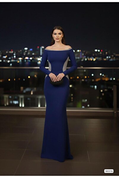 Modafeminen Flowers Fabric Off-Shoulder Long Evening Dress 583374 Cobalt