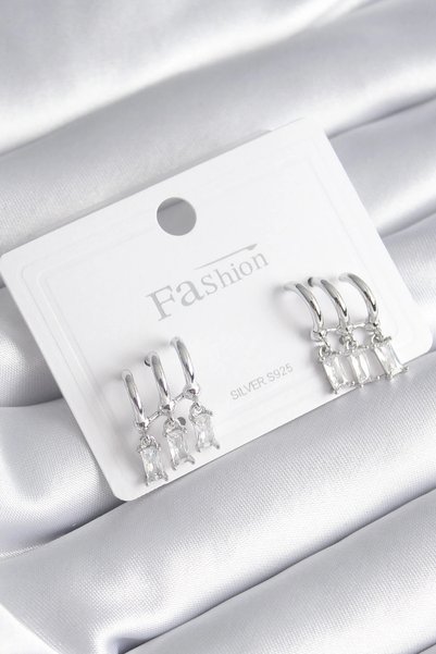 shopwave Brass Silver Rk 3-Piece Dangle Zircon Stone Earrings
