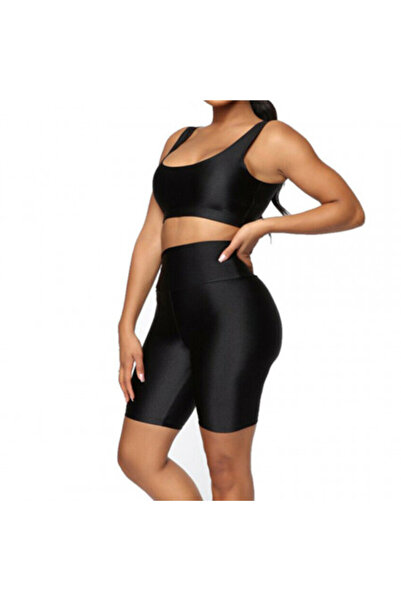 OEM High-waisted, shiny lycra short tights, Black, Super Glossy