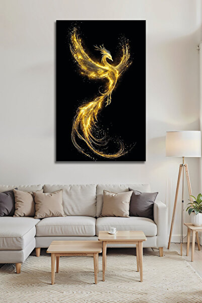 B&G DESIGN Altın Işıltılı Anka Kuşu Cam Tablo Siyah Gold Lüks Dekoratif Moder...