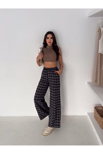 QBZ Plaid Linen Pants with Elastic Waist