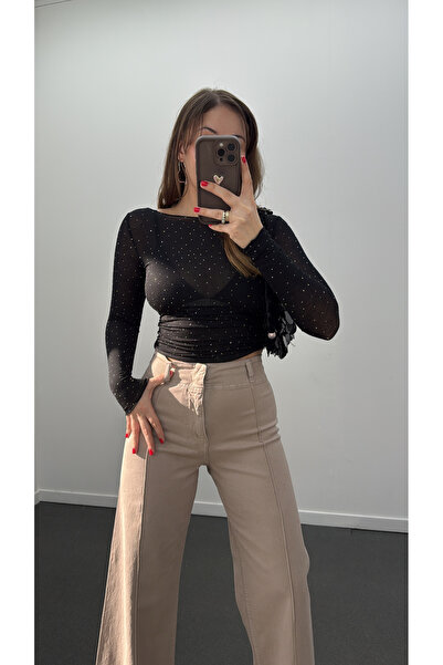 Narferita Dulcia Kahve Taş Aksesuarlı Kaşmir Bluz