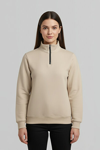 assef Women's Half Zipper Mock Neck Fleece-Lined Cotton Relaxed Fit Sweatshirt