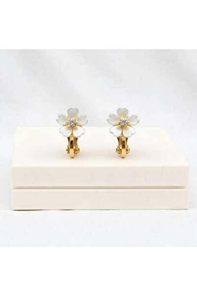 1PARÇAMAVİ yapraklı Zirkon taşlı klipsli çiçek küpe - deliksiz küpe