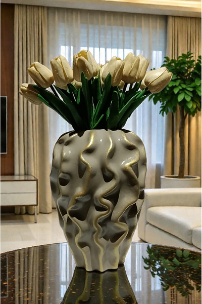 VERA HOME DECOR Valessa, Ceramic Hand-Painted Decorative Object, Beige Vase S...