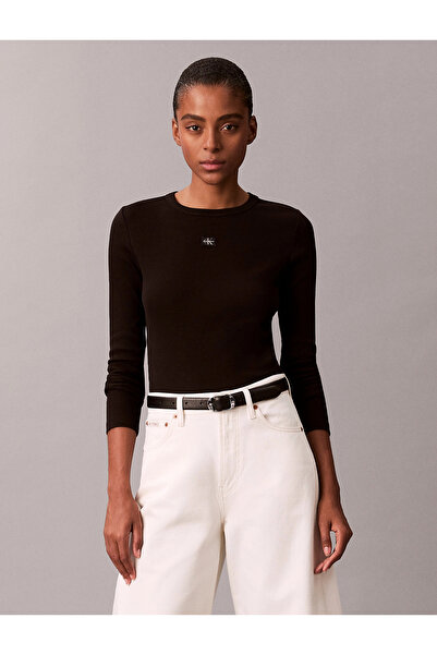 Calvin Klein Uzun Kollu Dokuma Etiketli 2x2 Fitilli Bisiklet Yaka Kadın Siyah...