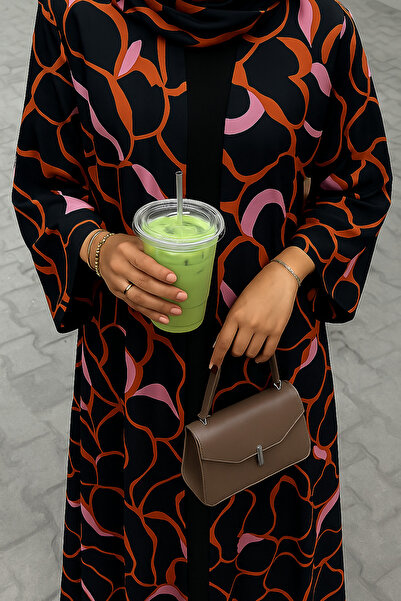 MayaCloset Elegant Feminine Colour-Printed Black Abaya & Kimono With Inner & ...