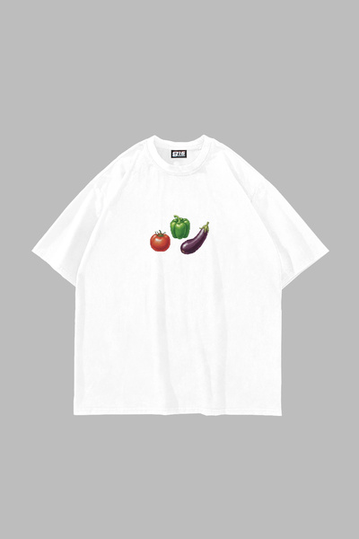 Bak Moda Tomato Pepper Eggplant Printed Oversized Unisex White Tshirt