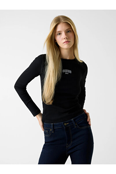 Guess GJ Довгорукава велосипедна кофта з вишивкою, вузький крій, чорна, жіноч...