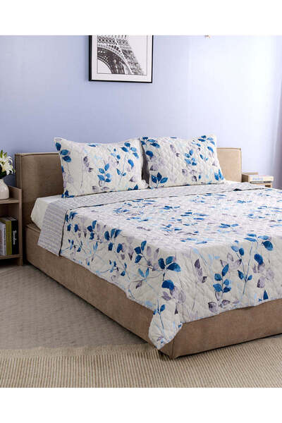 REDTAG Blue 3 Piece Botanical Printed Quilt (King Size)
