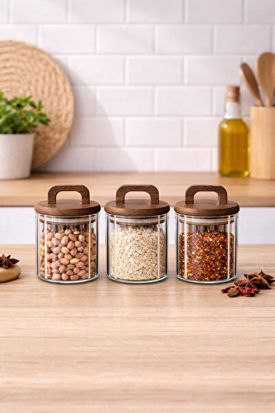 welcomein 3’lü Cam Kavanoz Seti 450 ml | Ahşap Kapaklı | Gıda Saklama Kavanoz...