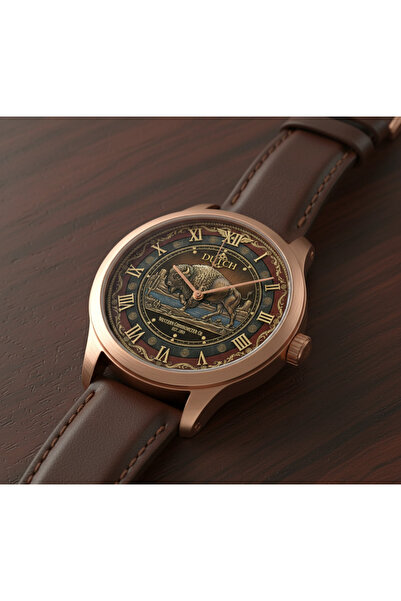 DUTCH STORE A classic watch with a brass case and brown leather strap – Bison...
