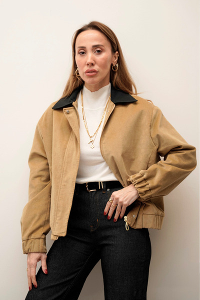 Maldia Shop Velvet Bomber Zippered Camel Jacket