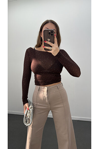 Narferita Dulcia Kahve Taş Aksesuarlı Kaşmir Bluz