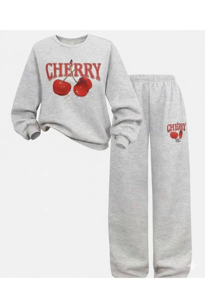npLStore Детски комплект от суитшърт и панталони с принт на череши в сиво