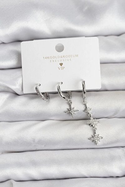 shopwave طقم أقراط نسائية من النحاس الفضي مكون من 3 قطع من موديل بولار ستار