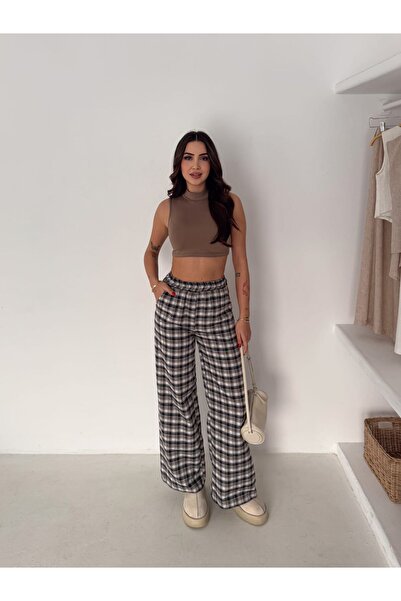 QBZ Plaid Linen Pants with Elastic Waist