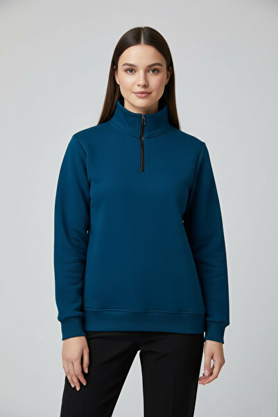 assef Women's Half Zipper Mock Neck Fleece-Lined Cotton Relaxed Fit Sweatshirt