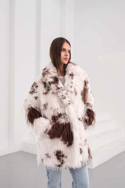 Eleganza Divina Long Cow Print Lined Fur Coat
