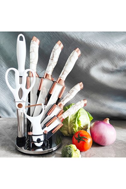 OEM 9-piece Kitchen Set: 5 knives, rotating acrylic stand, spatula, scissors,...