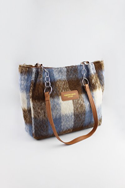 İLKYAZ Plaid Patterned Blue Tweed Fabric Zipper Closure Women's Medium Size H...