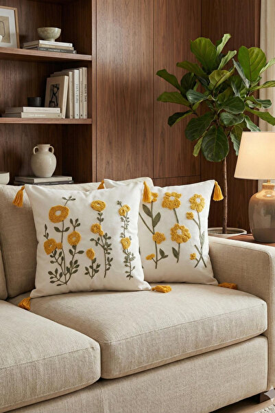 BUGİ HOME COLLECTİON Double-Sided Square Punch Embroidery Floral Themed Embro...