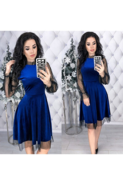 Fashionhaine.ro Elegant Velvet Dress with Sheer Tulle Sleeves