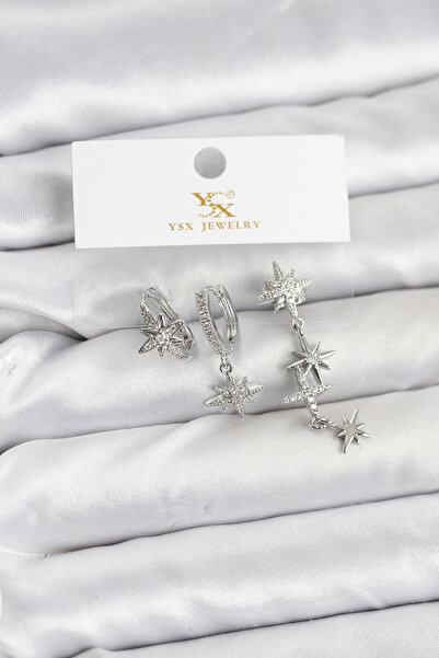 shopwave طقم أقراط نجمة القطب من النحاس الفضي مع حجر الزركون موديل YSX Trio