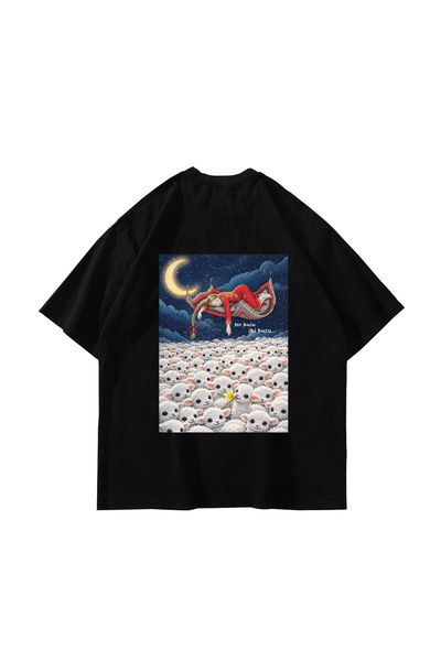 Bak Moda One Lamb Two Lambs B Printed O Oversized Unisex Black Tshirt