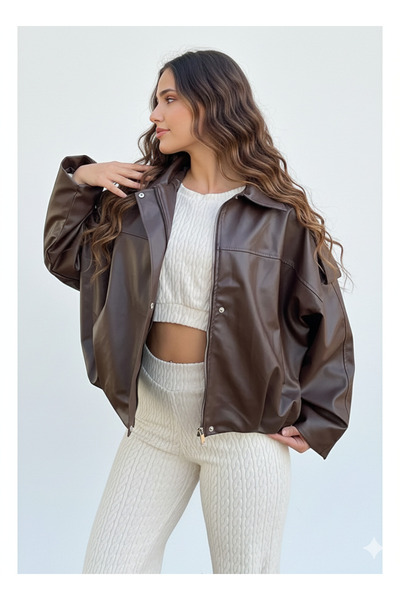 ribana Women's Oversized Shirt Collar Zippered Lined Inside Belt Detailed Dou...