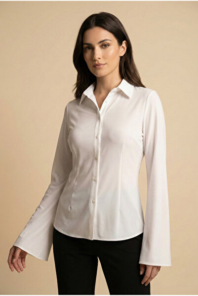 Şiir Tekstil Jalisco Women's Slim Fit Bell Sleeve Basic Shirt - White